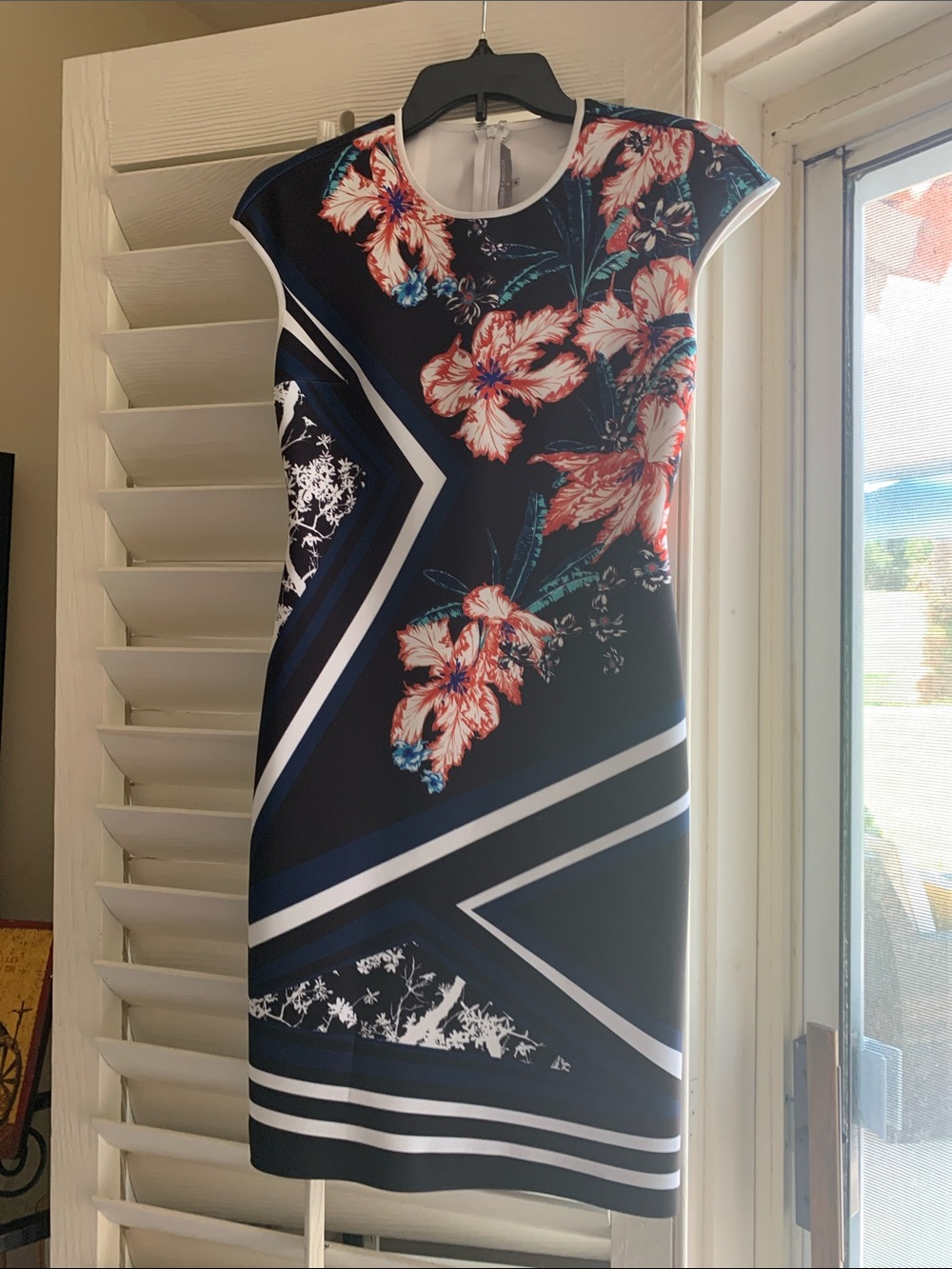 Clover Canyon Navy Sheath Dress with Coral Floral Accents